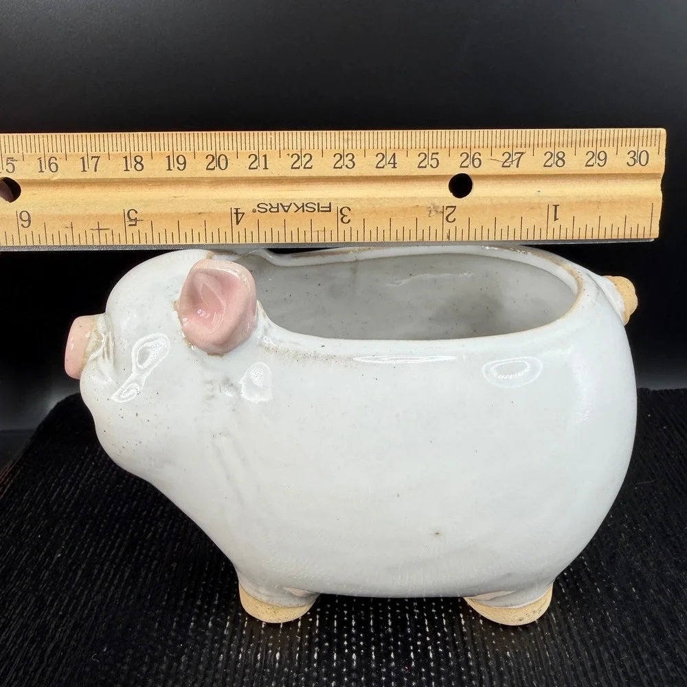 Smiling Ceramic Pig Planter White Pink Indoor Succulent Pot‎ Drainage Hole 6x4